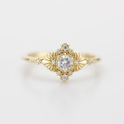 VINTAGE White DIAMOND RING With Art Deco Leaf Perfect Gift For Anniversary Or Engagement – Antique 18k Yellow Solid Gold Gemstone Ring