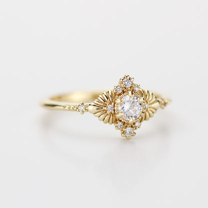 VINTAGE White DIAMOND RING With Art Deco Leaf Perfect Gift For Anniversary Or Engagement – Antique 18k Yellow Solid Gold Gemstone Ring