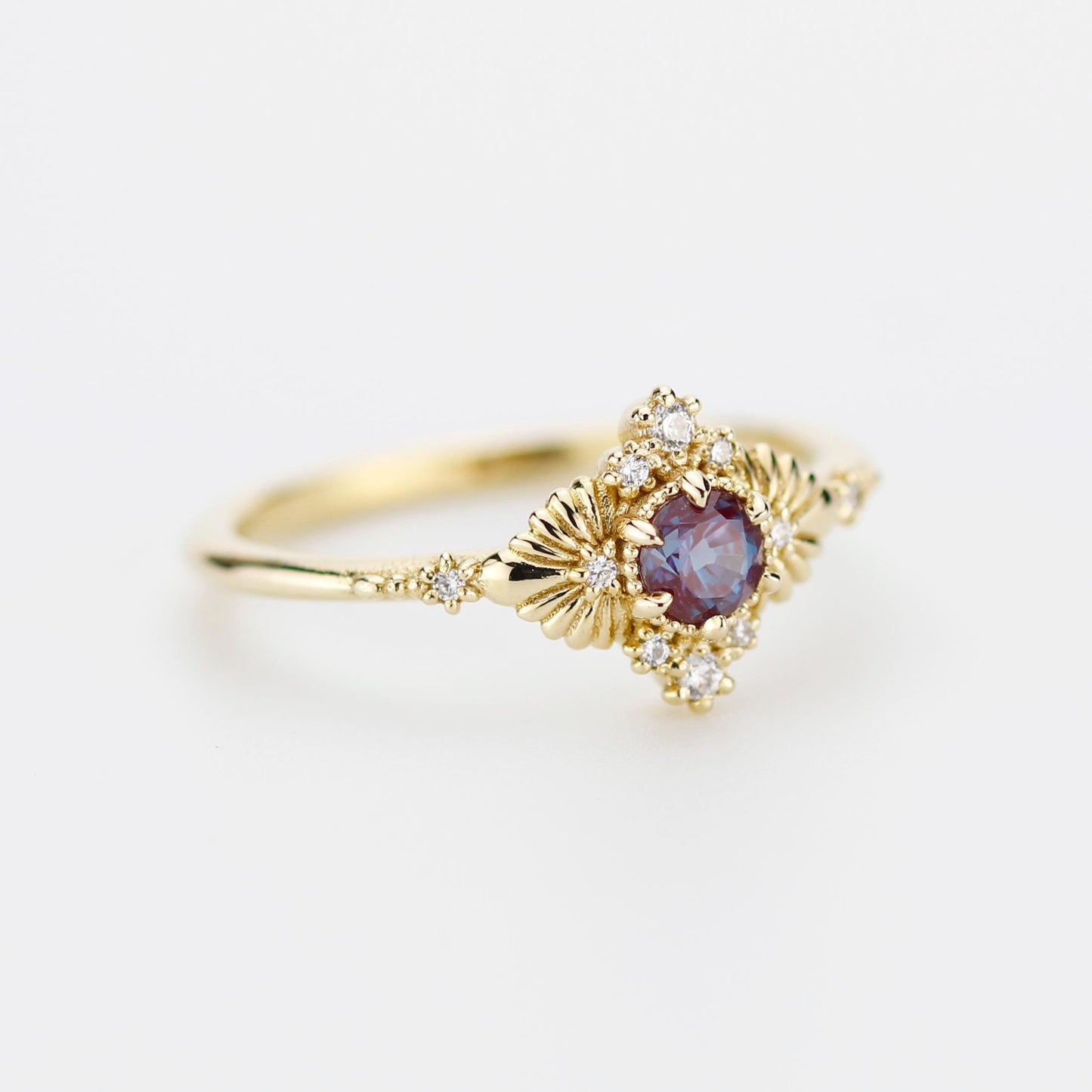 Vintage inspired Alexandrite engagement ring, Lab-created Alexandrite and diamond, 18k gold diamond rings.