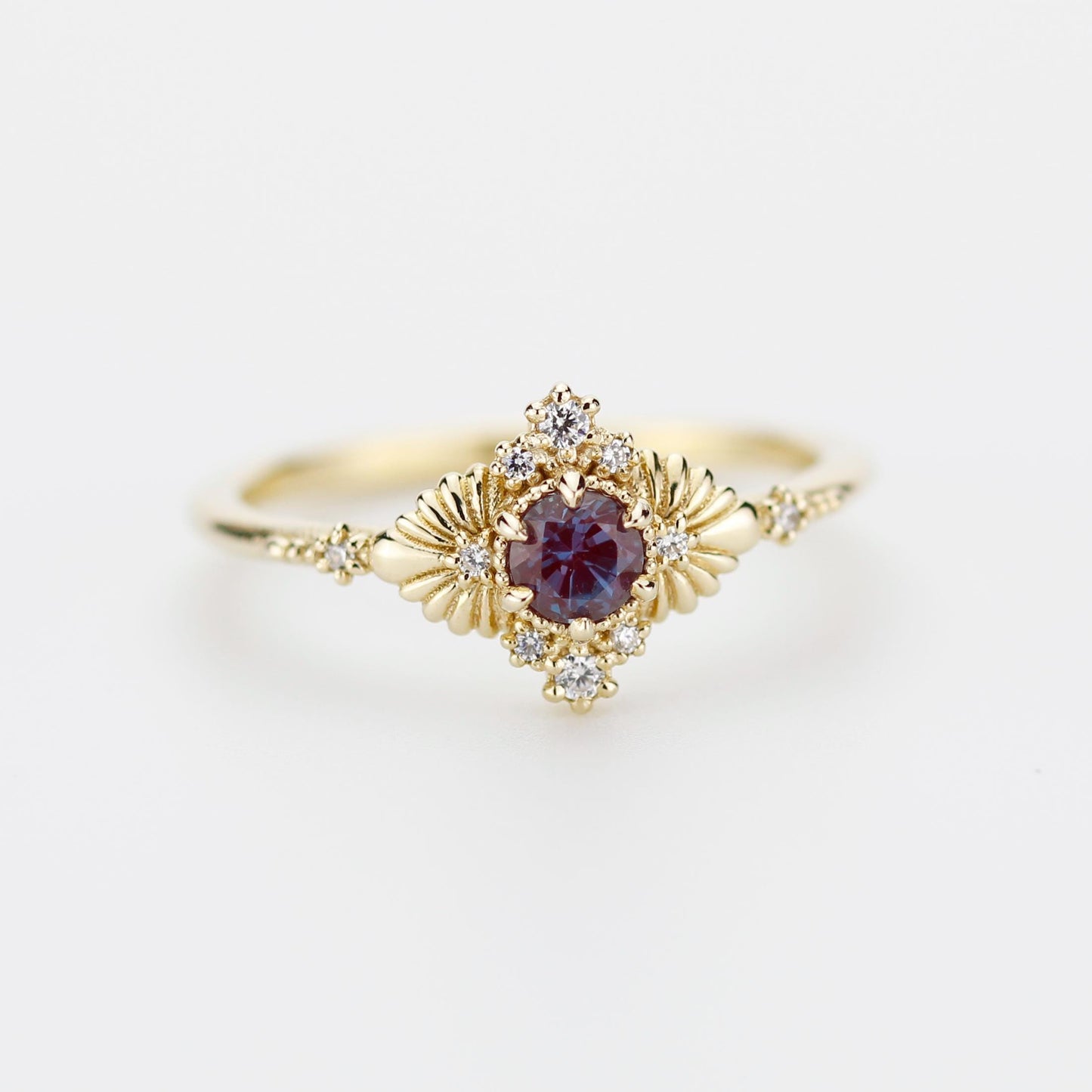 Vintage inspired Alexandrite engagement ring, Lab-created Alexandrite and diamond, 18k gold diamond rings.