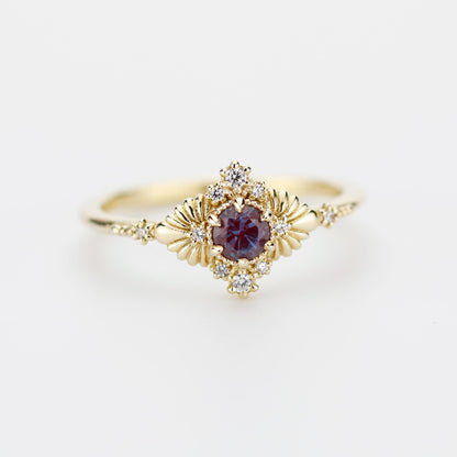 Vintage inspired Alexandrite engagement ring, Lab-created Alexandrite and diamond, 18k gold diamond rings.