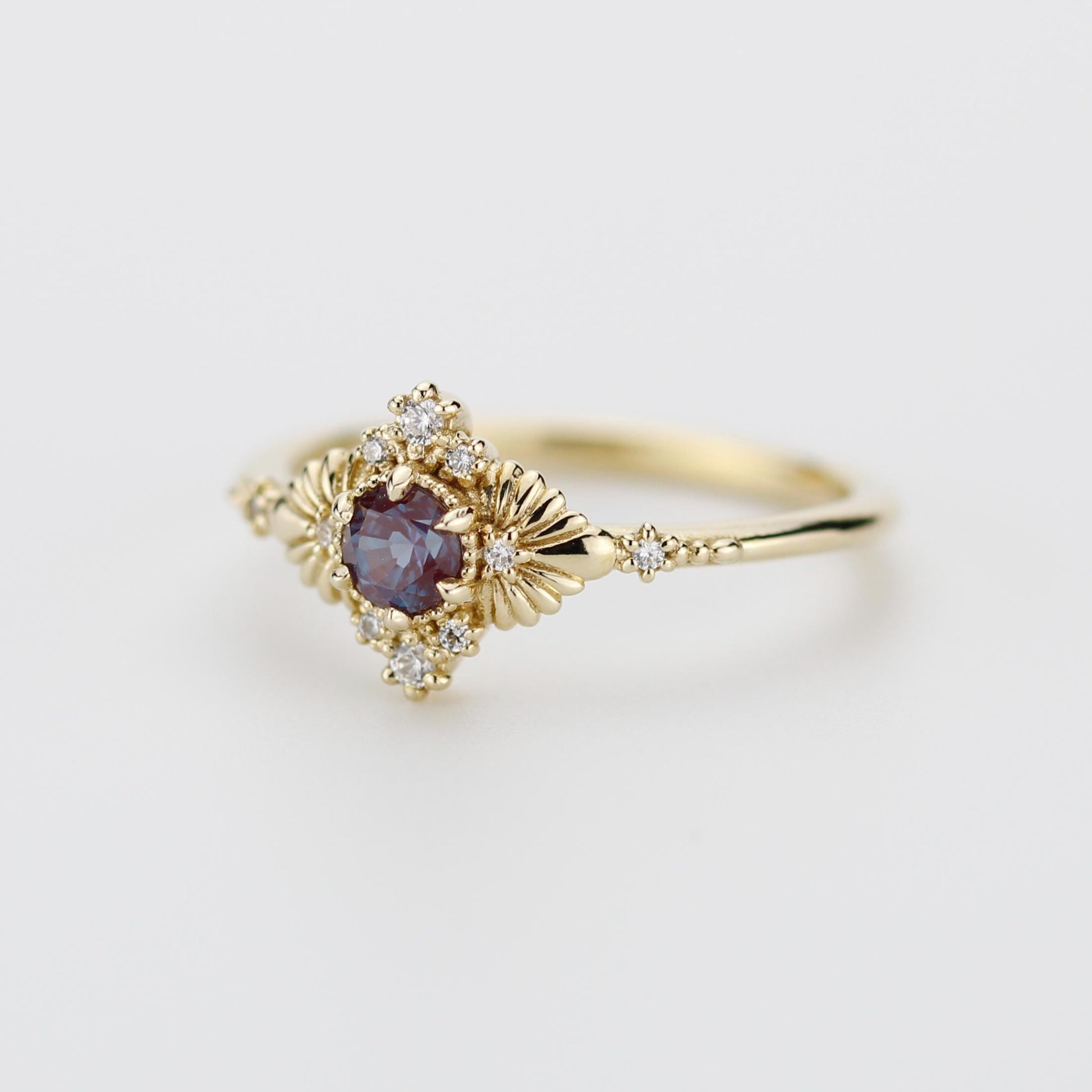 Vintage inspired Alexandrite engagement ring, Lab-created Alexandrite and diamond, 18k gold diamond rings.