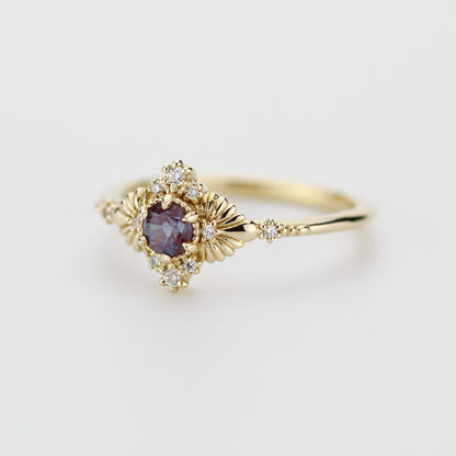 Vintage inspired Alexandrite engagement ring, Lab-created Alexandrite and diamond, 18k gold diamond rings.