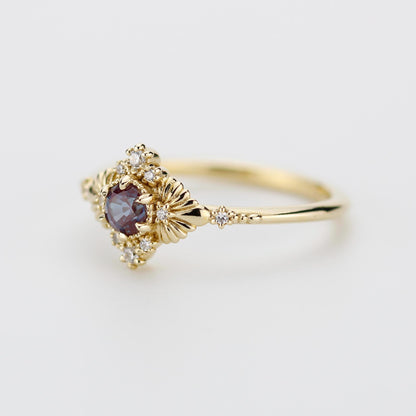 Vintage inspired Alexandrite engagement ring, Lab-created Alexandrite and diamond, 18k gold diamond rings.