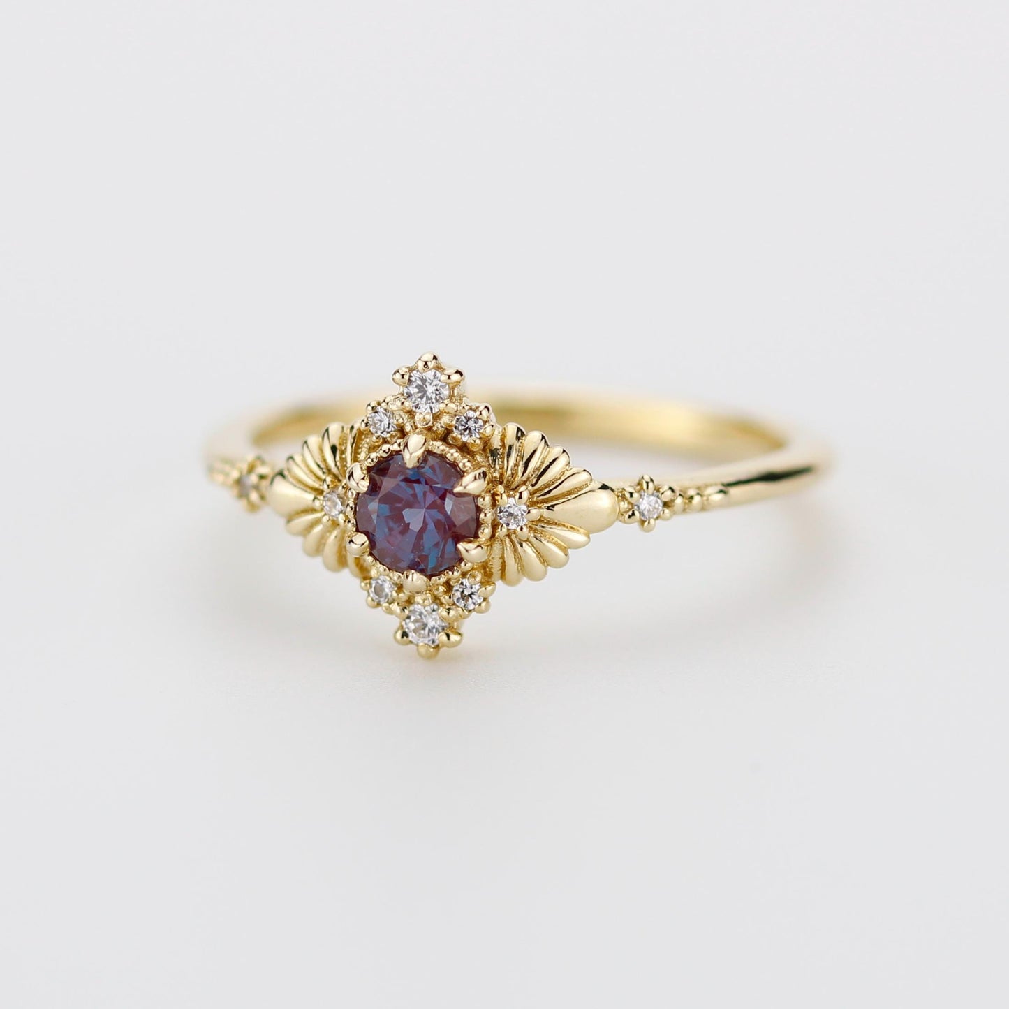 Vintage inspired Alexandrite engagement ring, Lab-created Alexandrite and diamond, 18k gold diamond rings.
