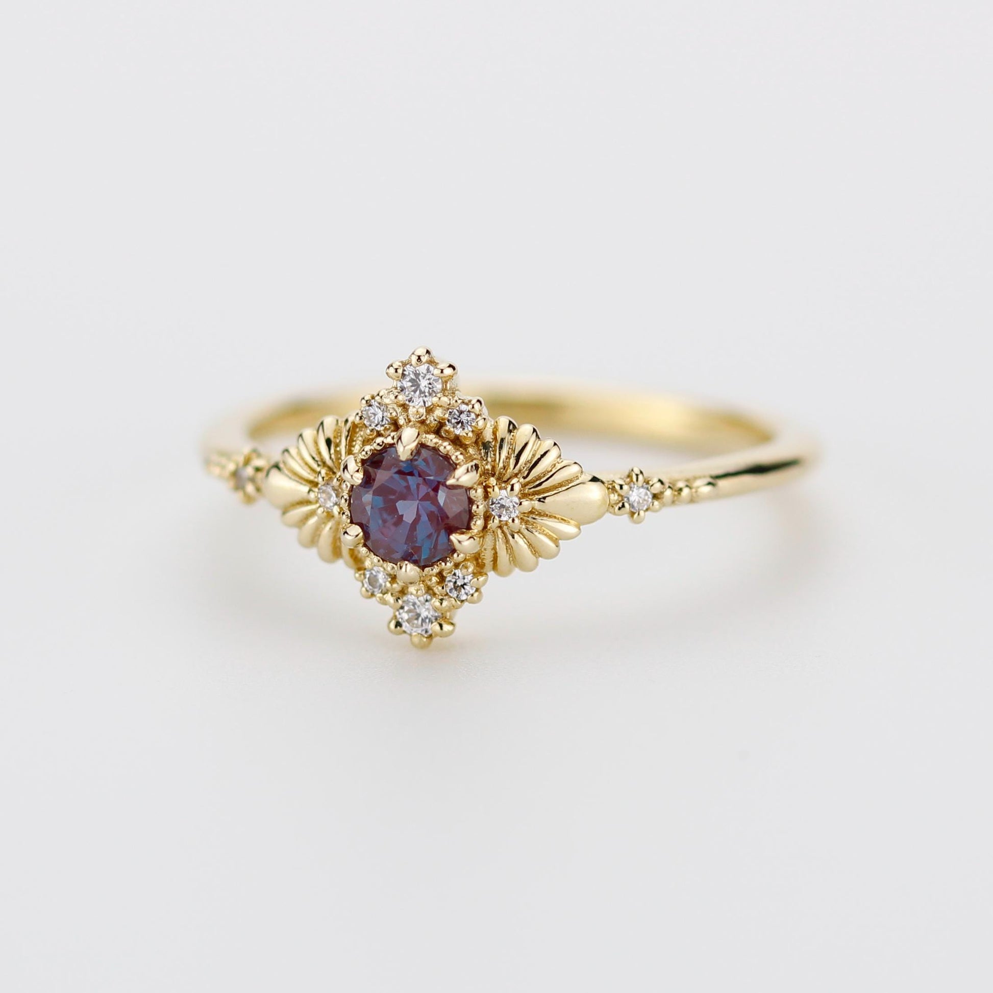 Vintage inspired Alexandrite engagement ring, Lab-created Alexandrite and diamond, 18k gold diamond rings.