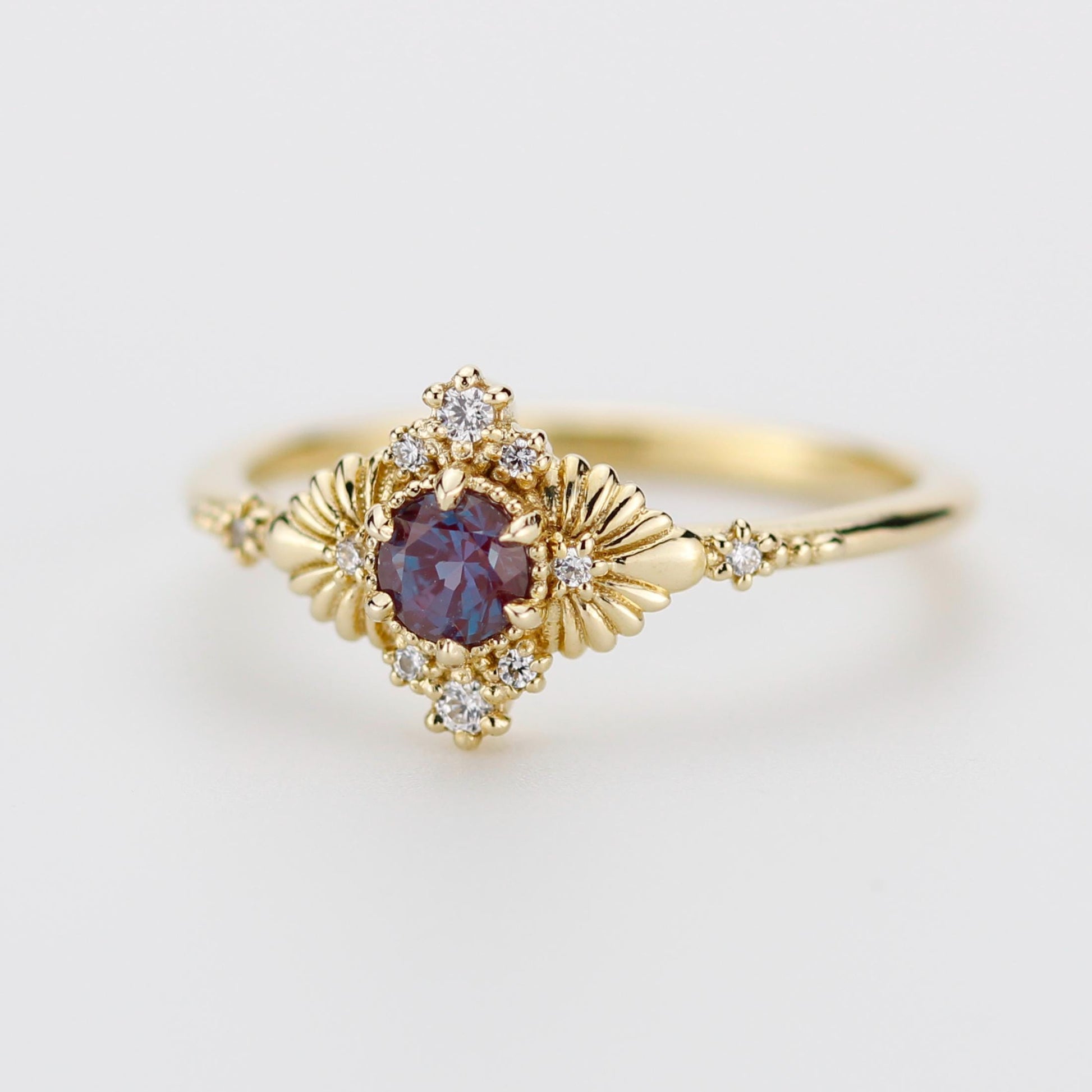 Vintage inspired Alexandrite engagement ring, Lab-created Alexandrite and diamond, 18k gold diamond rings.