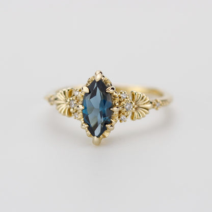 Marquise London Blue Topaz engagement ring, vintage-inspired gold ring with diamonds, art deco gemstone ring