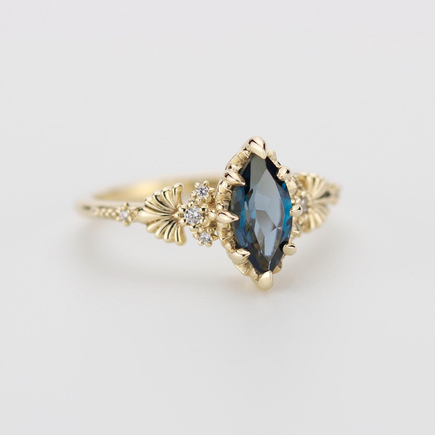 Marquise London Blue Topaz engagement ring, vintage-inspired gold ring with diamonds, art deco gemstone ring