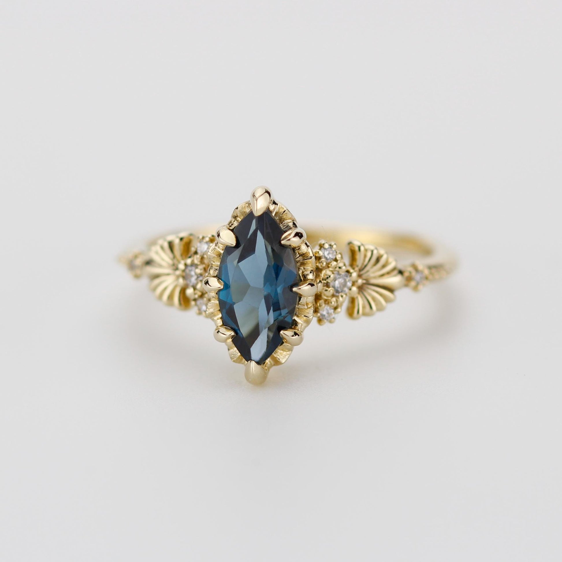 Marquise London Blue Topaz engagement ring, vintage-inspired gold ring with diamonds, art deco gemstone ring