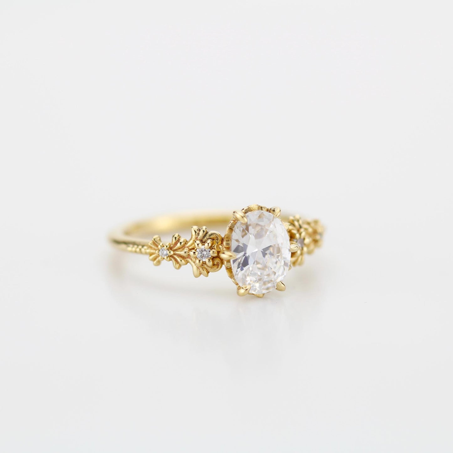 Baroque Oval Real Moissanite Ring with Diamond Accents Vintage Engagement Ring
