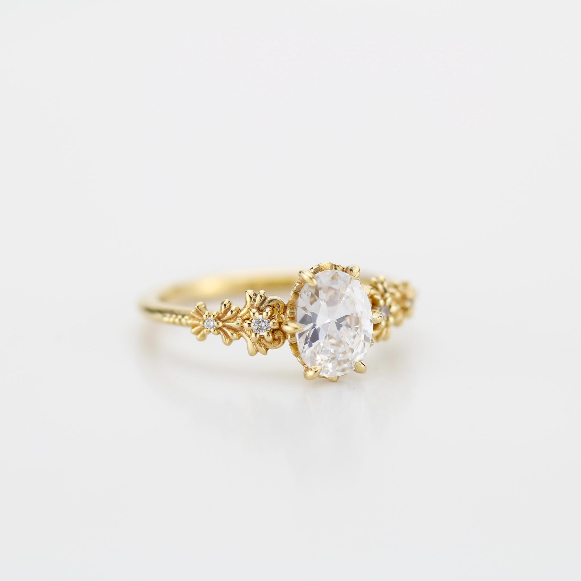 Baroque Oval Real Moissanite Ring with Diamond Accents Vintage Engagement Ring