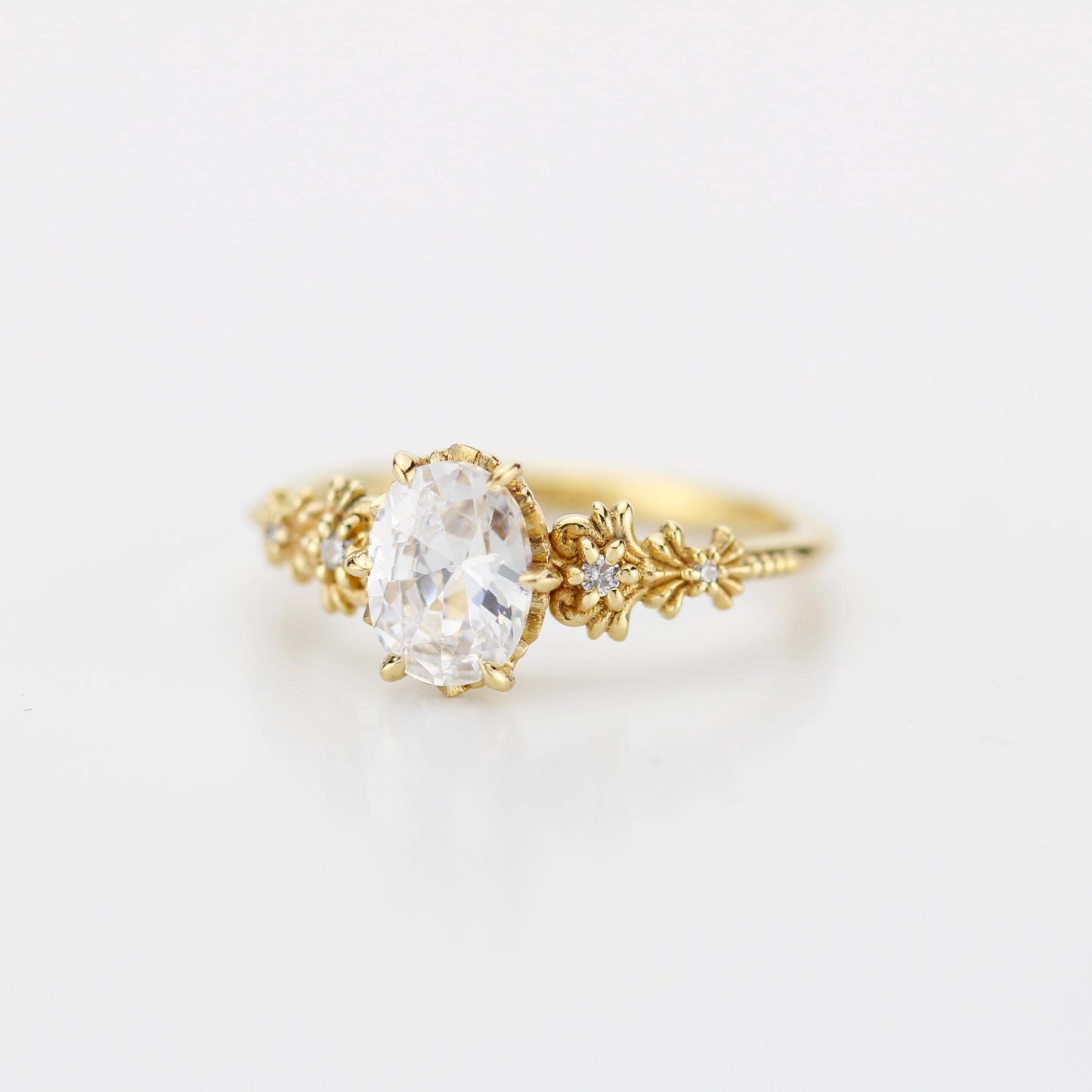 Baroque Oval Real Moissanite Ring with Diamond Accents Vintage Engagement Ring