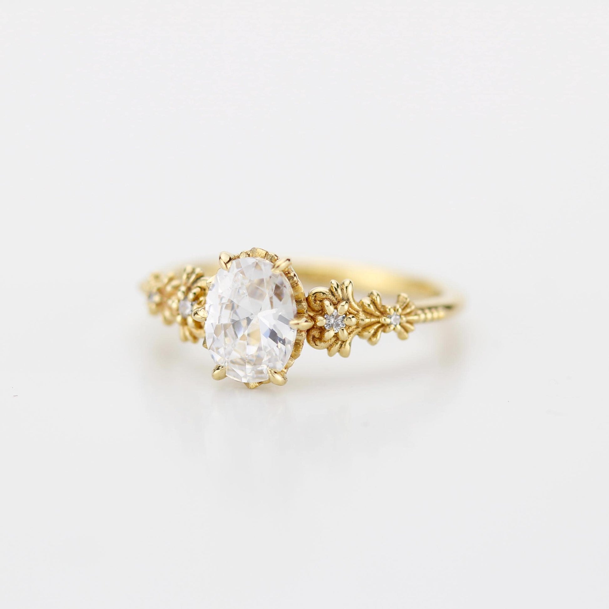 Baroque Oval Real Moissanite Ring with Diamond Accents Vintage Engagement Ring