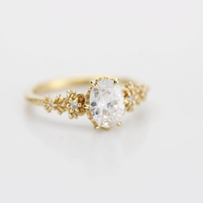 Baroque Oval Real Moissanite Ring with Diamond Accents Vintage Engagement Ring