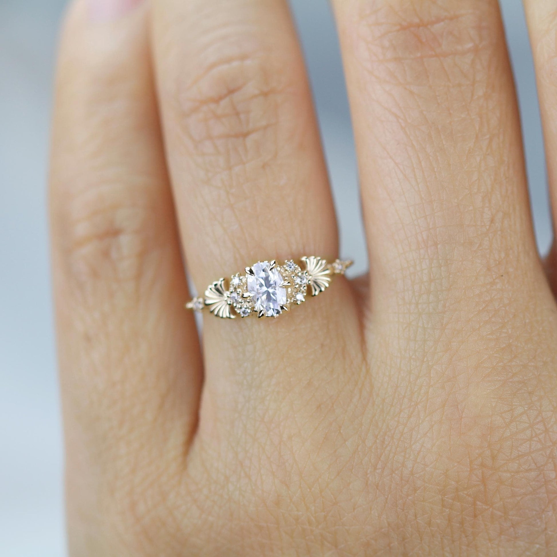 Art Nouveau Moissanite Ring with Natural Diamond Side Stones - Vintage Engagement Ring, Unique Gold Ring, Wedding Jewelry