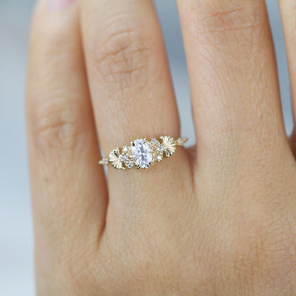 Art Nouveau Moissanite Ring with Natural Diamond Side Stones - Vintage Engagement Ring, Unique Gold Ring, Wedding Jewelry
