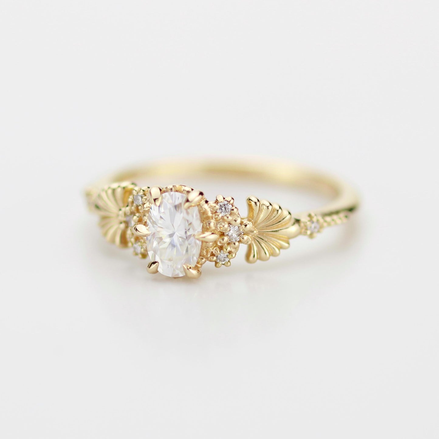 Art Nouveau Moissanite Ring with Natural Diamond Side Stones - Vintage Engagement Ring, Unique Gold Ring, Wedding Jewelry
