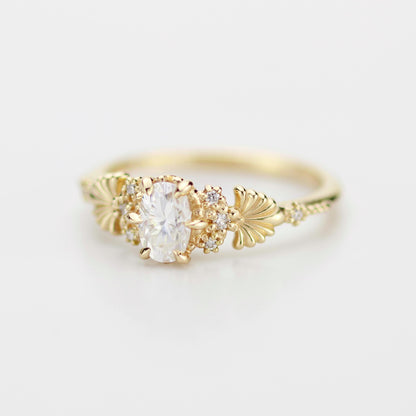 Art Nouveau Moissanite Ring with Natural Diamond Side Stones - Vintage Engagement Ring, Unique Gold Ring, Wedding Jewelry