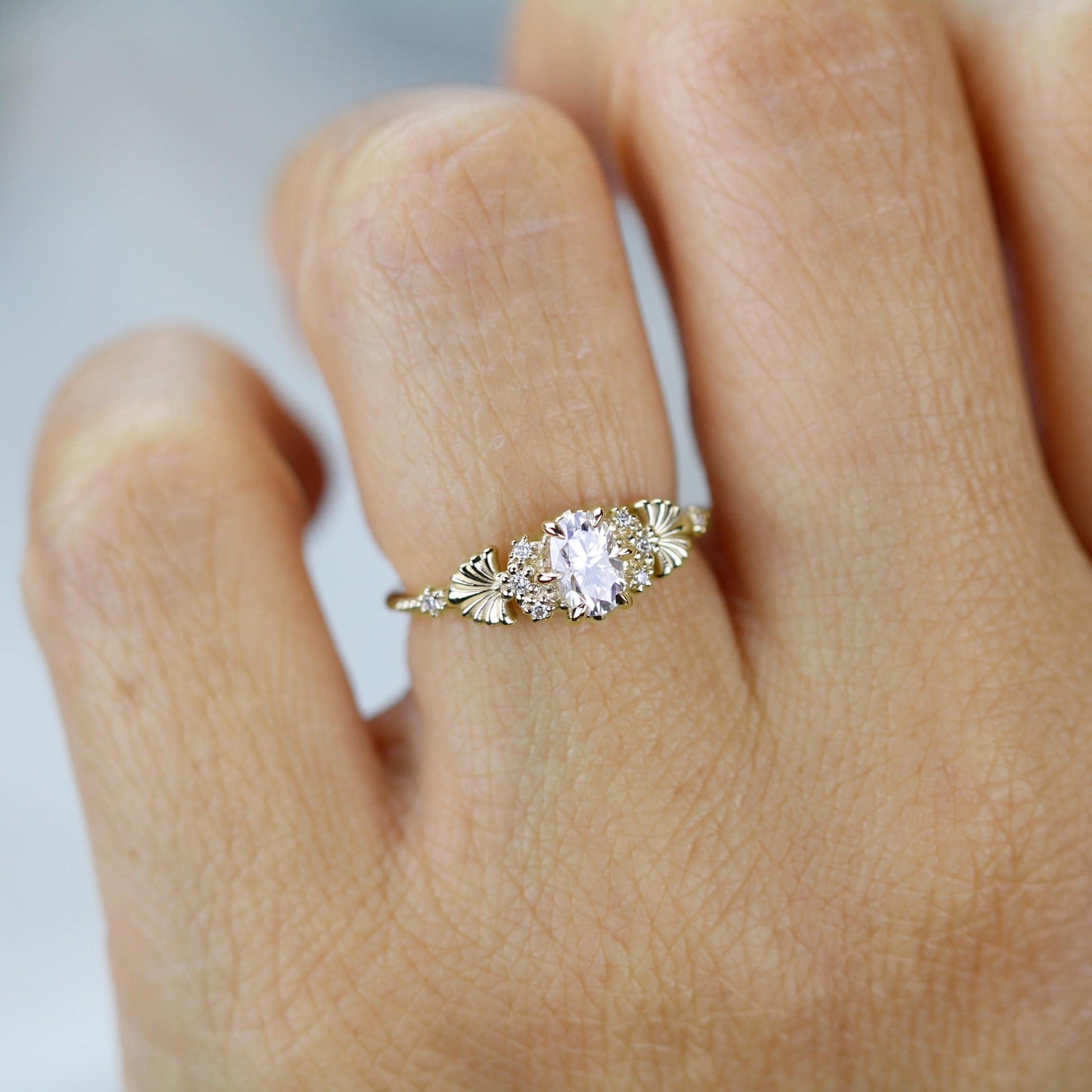 Art Nouveau Moissanite Ring with Natural Diamond Side Stones - Vintage Engagement Ring, Unique Gold Ring, Wedding Jewelry