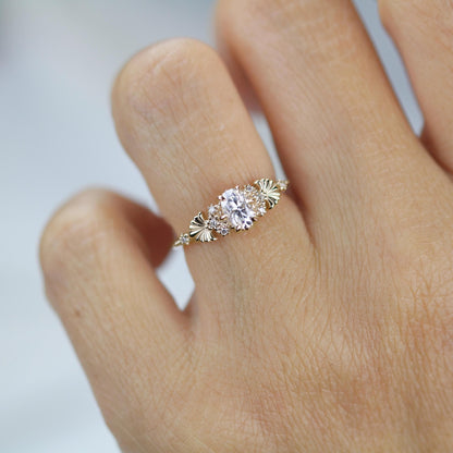 Art Nouveau Moissanite Ring with Natural Diamond Side Stones - Vintage Engagement Ring, Unique Gold Ring, Wedding Jewelry