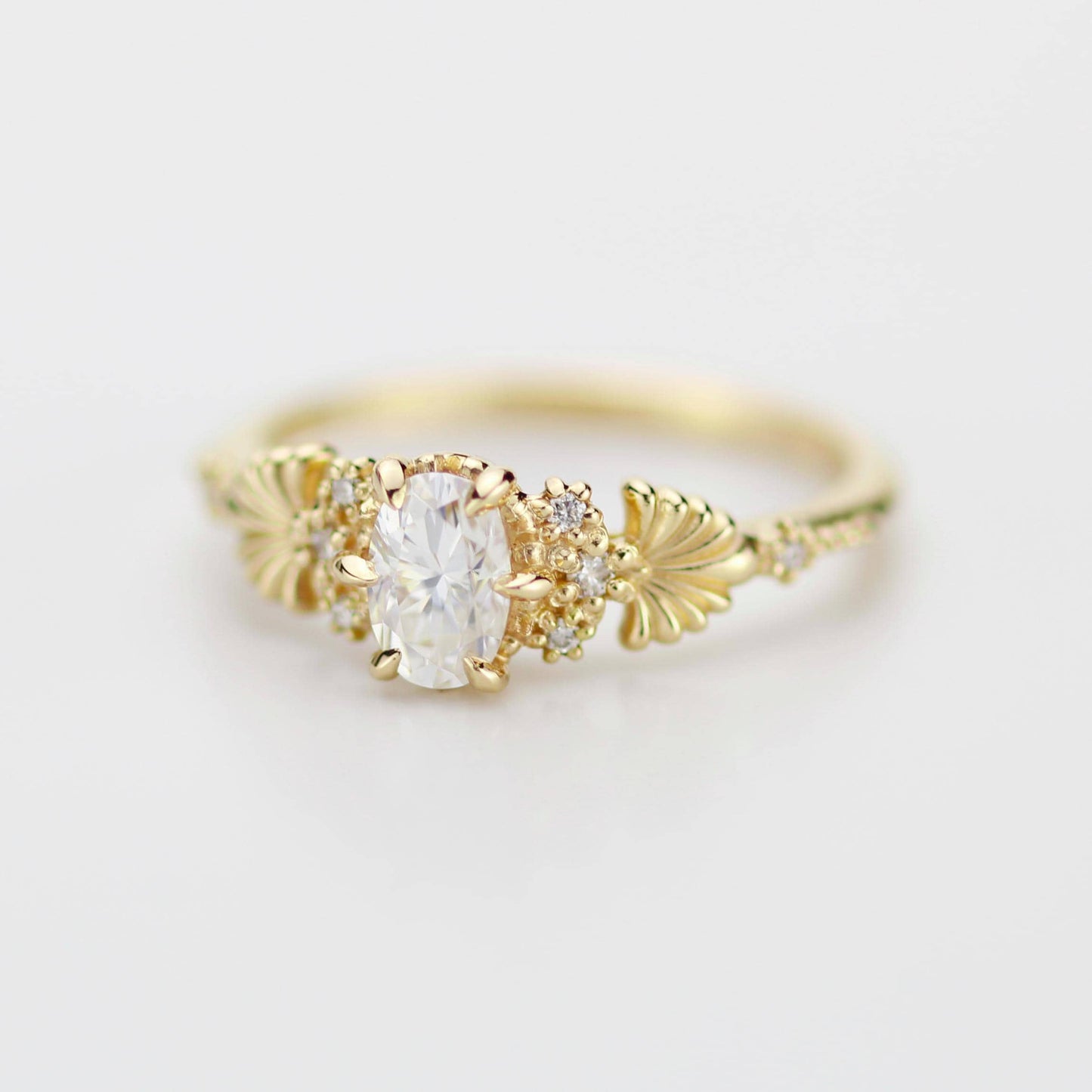 Art Nouveau Moissanite Ring with Natural Diamond Side Stones - Vintage Engagement Ring, Unique Gold Ring, Wedding Jewelry