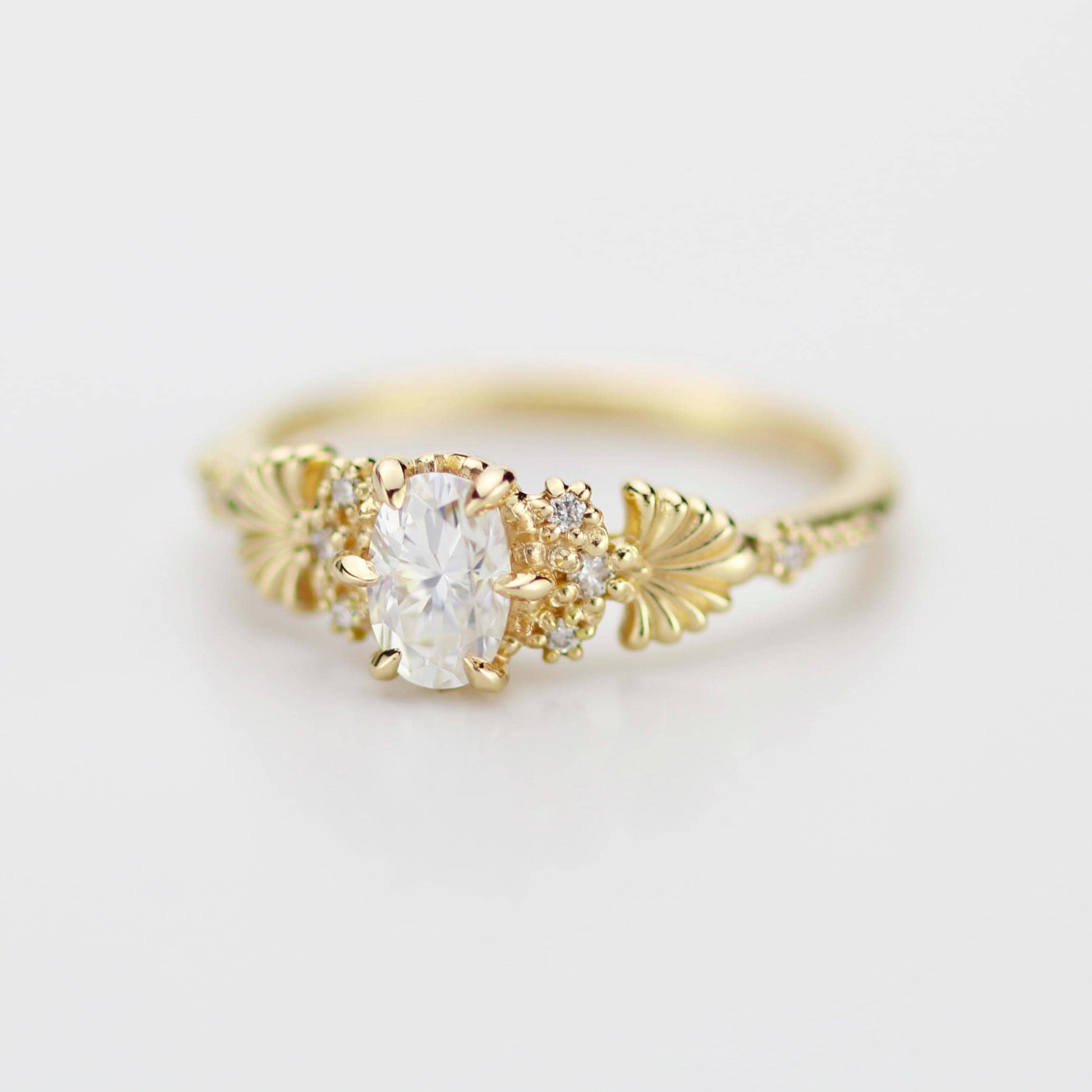Art Nouveau Moissanite Ring with Natural Diamond Side Stones - Vintage Engagement Ring, Unique Gold Ring, Wedding Jewelry