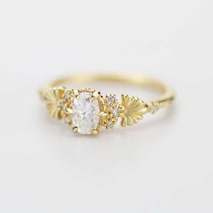 Art Nouveau Moissanite Ring with Natural Diamond Side Stones - Vintage Engagement Ring, Unique Gold Ring, Wedding Jewelry