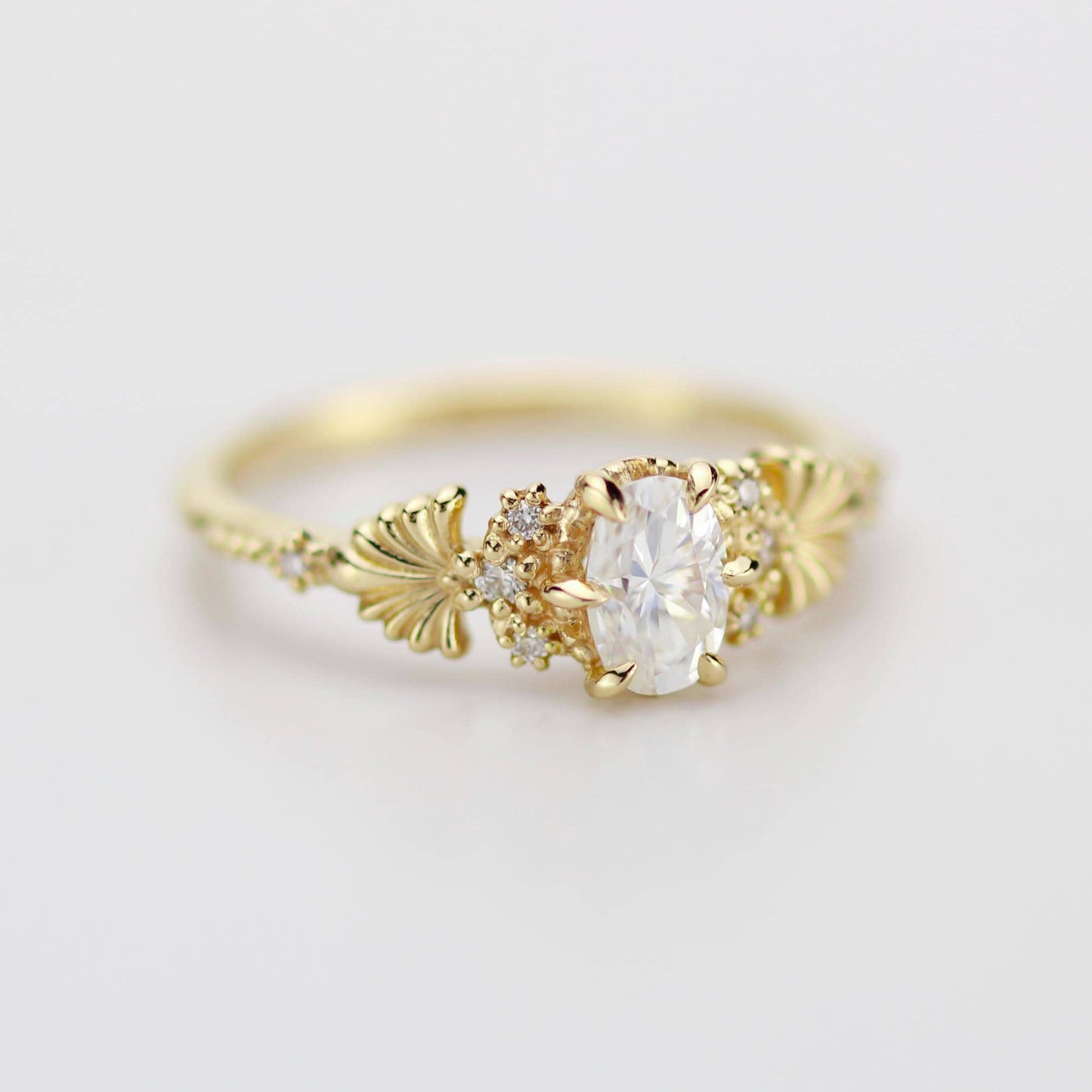 Art Nouveau Moissanite Ring with Natural Diamond Side Stones - Vintage Engagement Ring, Unique Gold Ring, Wedding Jewelry