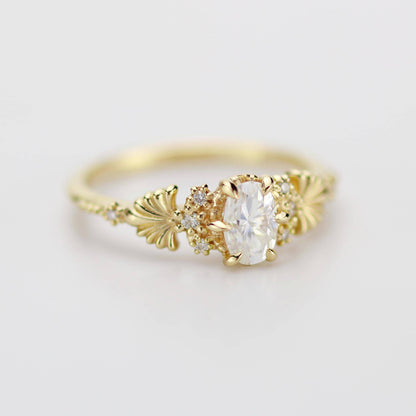 Art Nouveau Moissanite Ring with Natural Diamond Side Stones - Vintage Engagement Ring, Unique Gold Ring, Wedding Jewelry