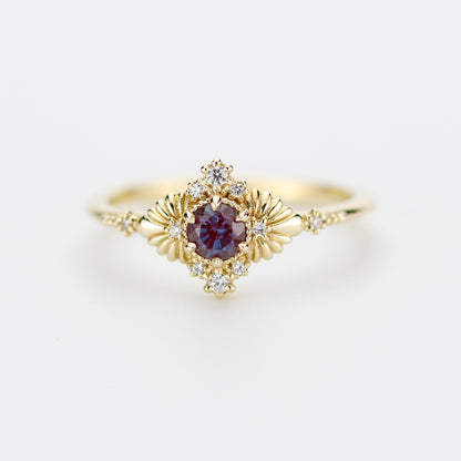 Vintage inspired Alexandrite engagement ring, Lab-created Alexandrite and diamond, 18k gold diamond rings.