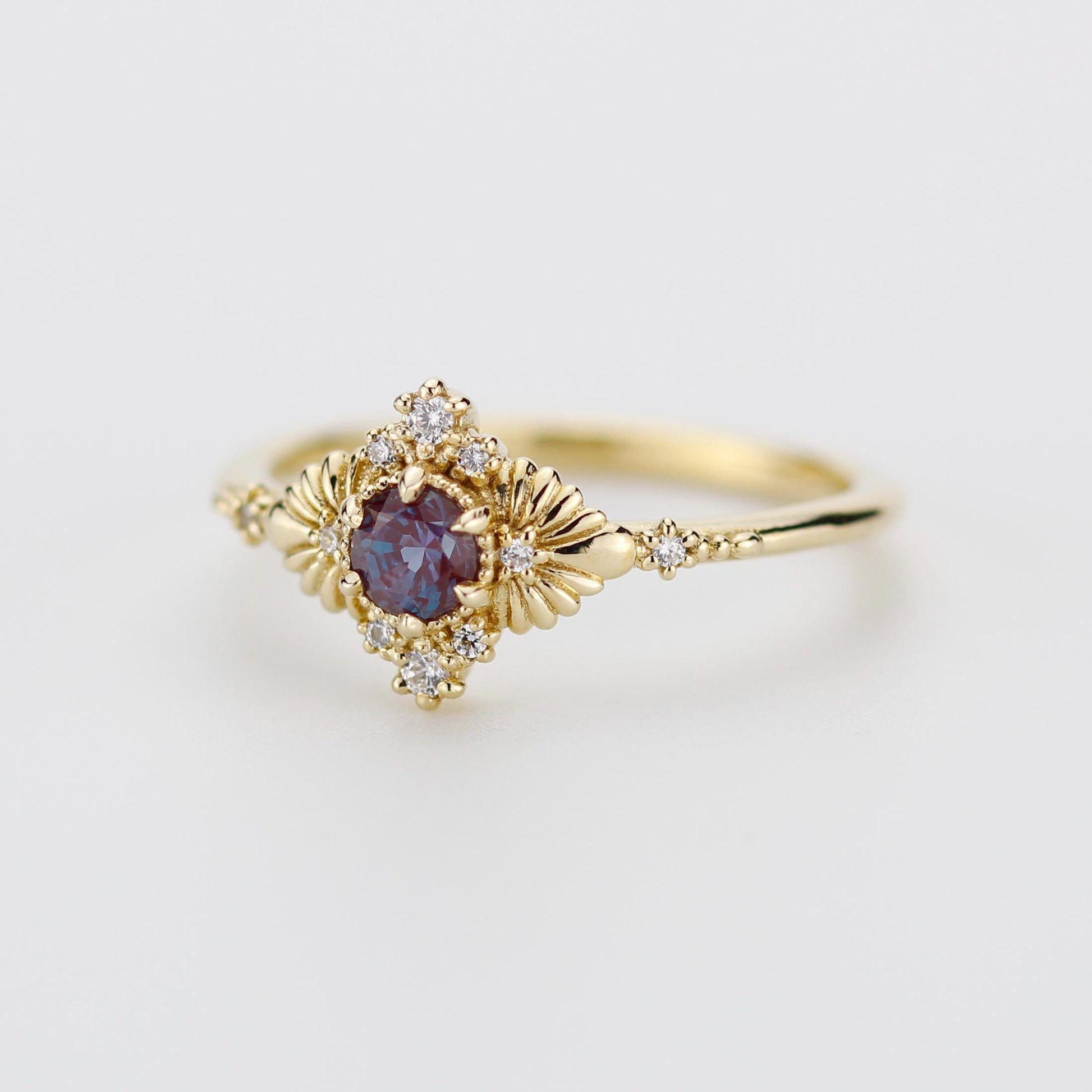 Vintage inspired Alexandrite engagement ring, Lab-created Alexandrite and diamond, 18k gold diamond rings.
