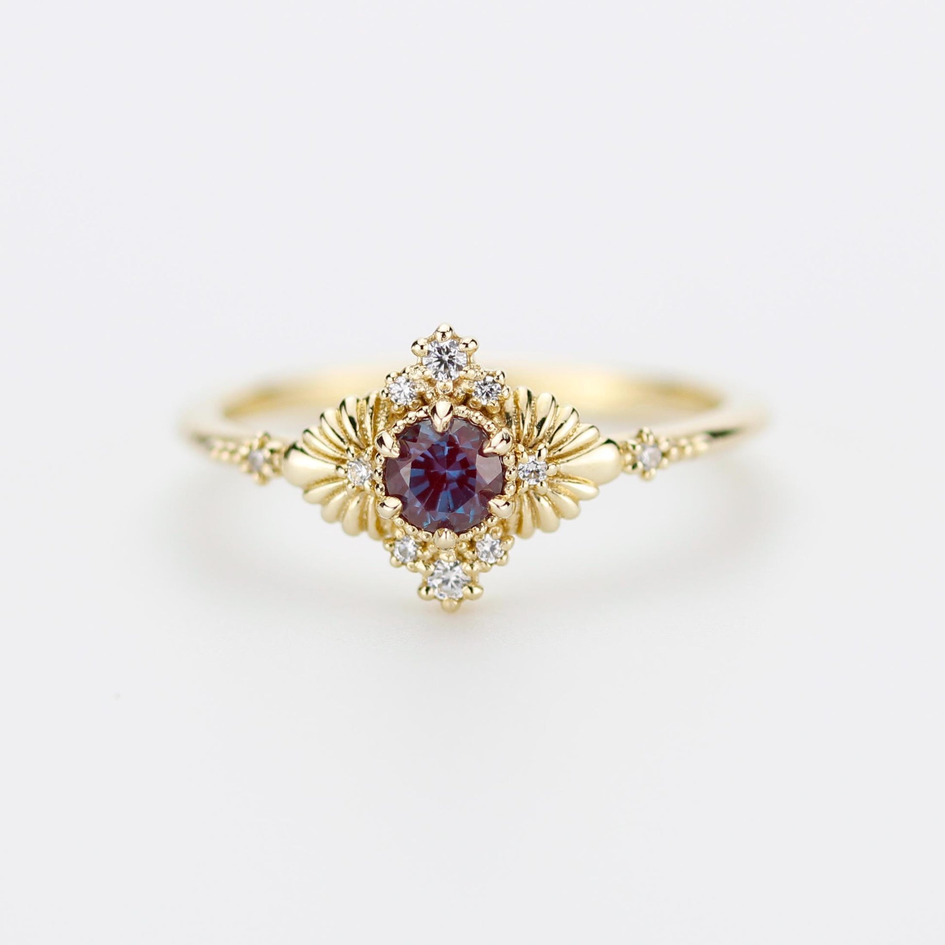 Vintage inspired Alexandrite engagement ring, Lab-created Alexandrite and diamond, 18k gold diamond rings.