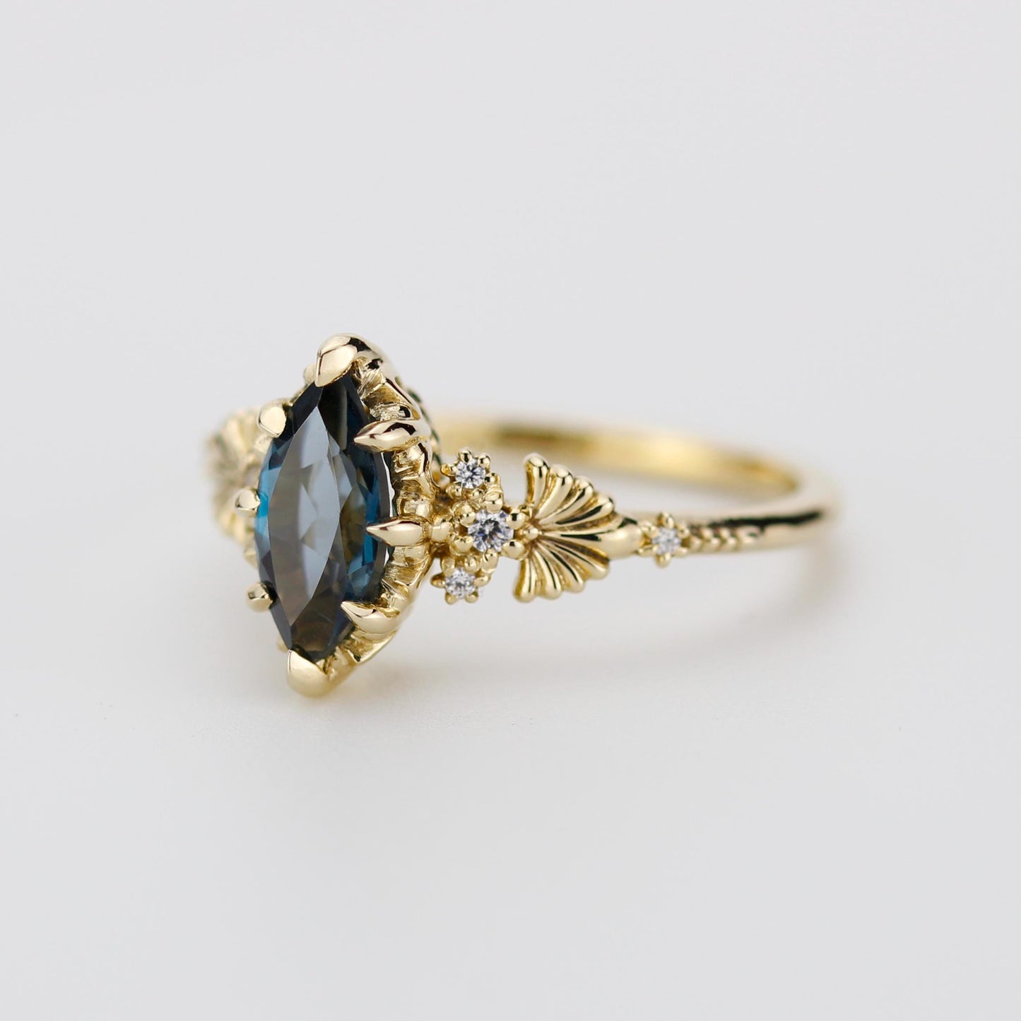 Marquise London Blue Topaz engagement ring, vintage-inspired gold ring with diamonds, art deco gemstone ring