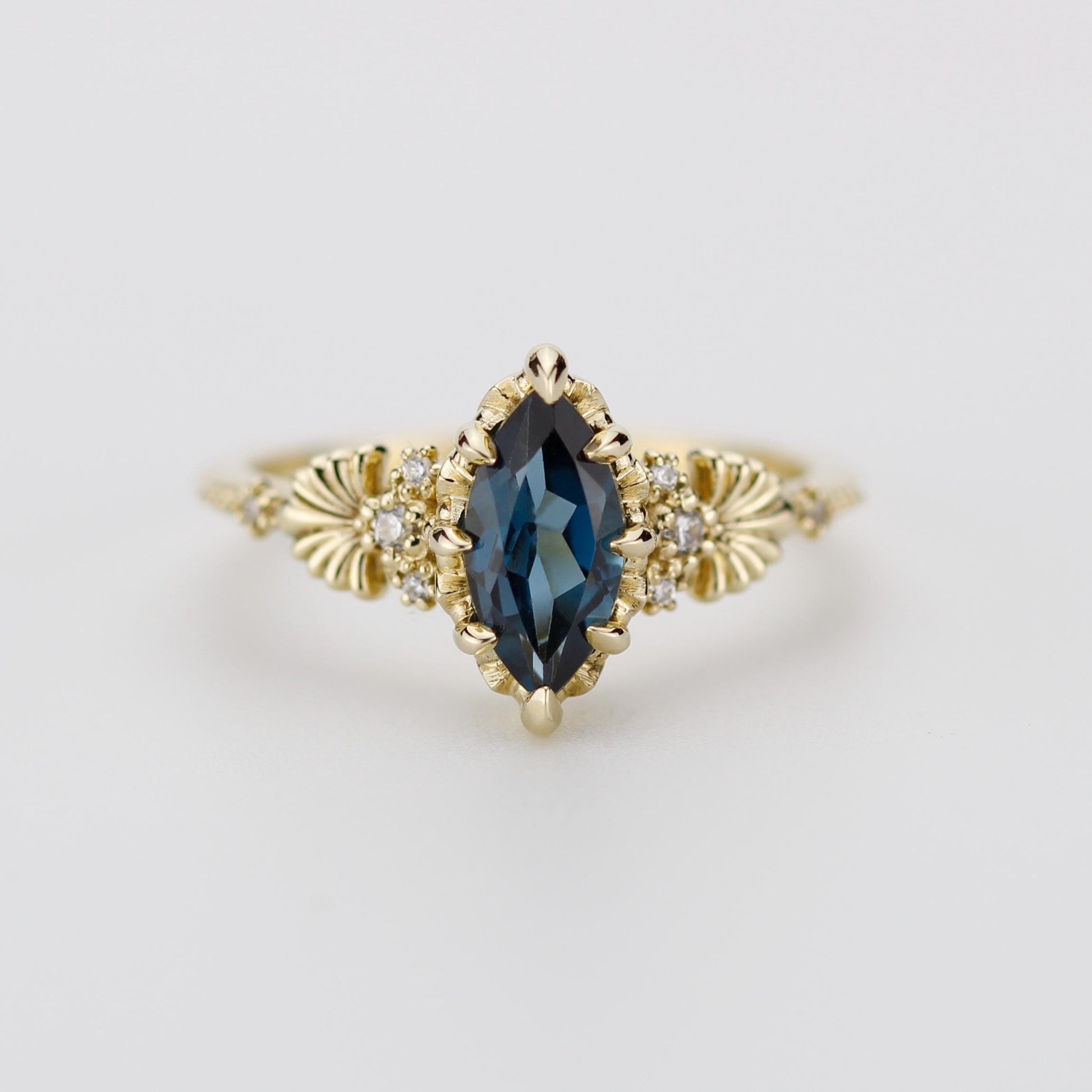 Marquise London Blue Topaz engagement ring, vintage-inspired gold ring with diamonds, art deco gemstone ring