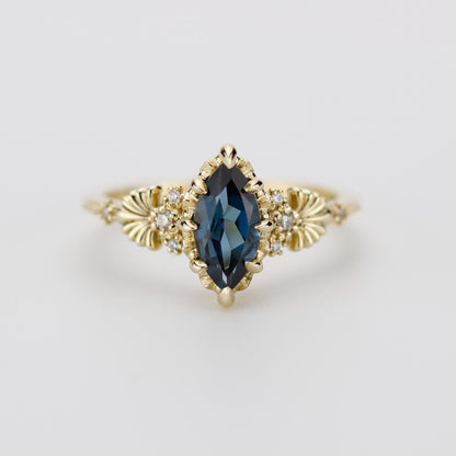 Marquise London Blue Topaz engagement ring, vintage-inspired gold ring with diamonds, art deco gemstone ring
