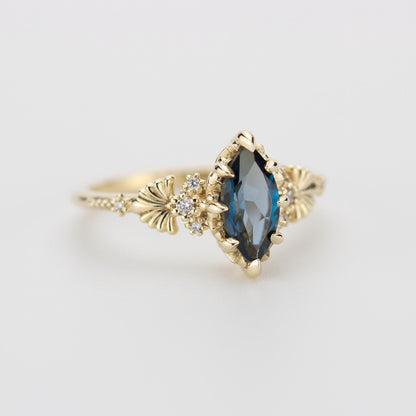Marquise London Blue Topaz engagement ring, vintage-inspired gold ring with diamonds, art deco gemstone ring