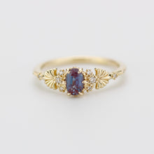 Load image into Gallery viewer, 18K Gold Alexandrite Engagement Ring with Natural Diamond Side Stones – Vintage-Inspired Lab-Created Alexandrite Jewelry for Women