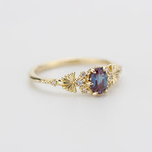 Load image into Gallery viewer, 18K Gold Alexandrite Engagement Ring with Natural Diamond Side Stones – Vintage-Inspired Lab-Created Alexandrite Jewelry for Women