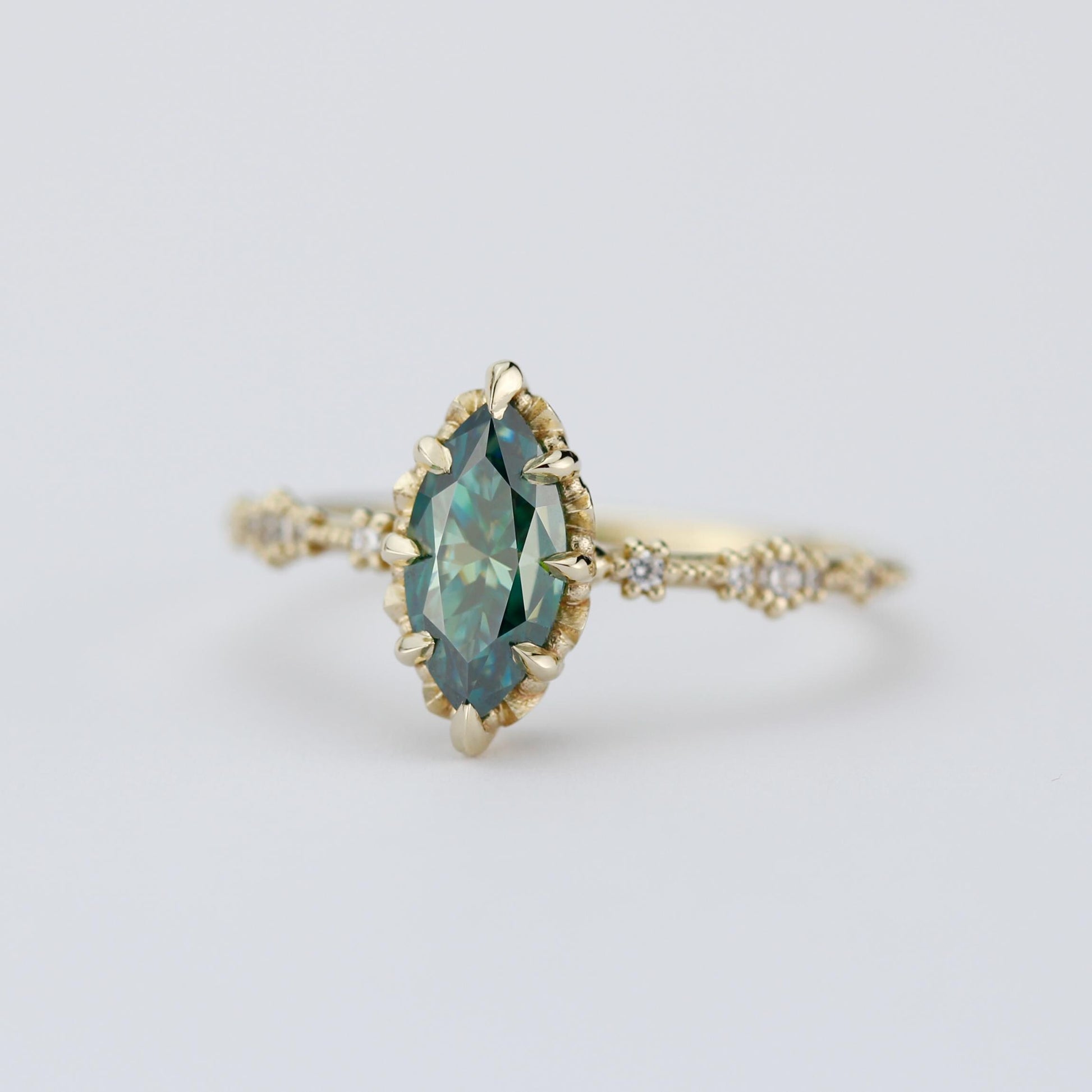 Marquise Cut Teal Green Moissanite Ring with Diamond Accent in 18k Gold