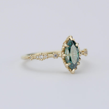 Marquise Cut Teal Green Moissanite Ring with Diamond Accent in 18k Gold