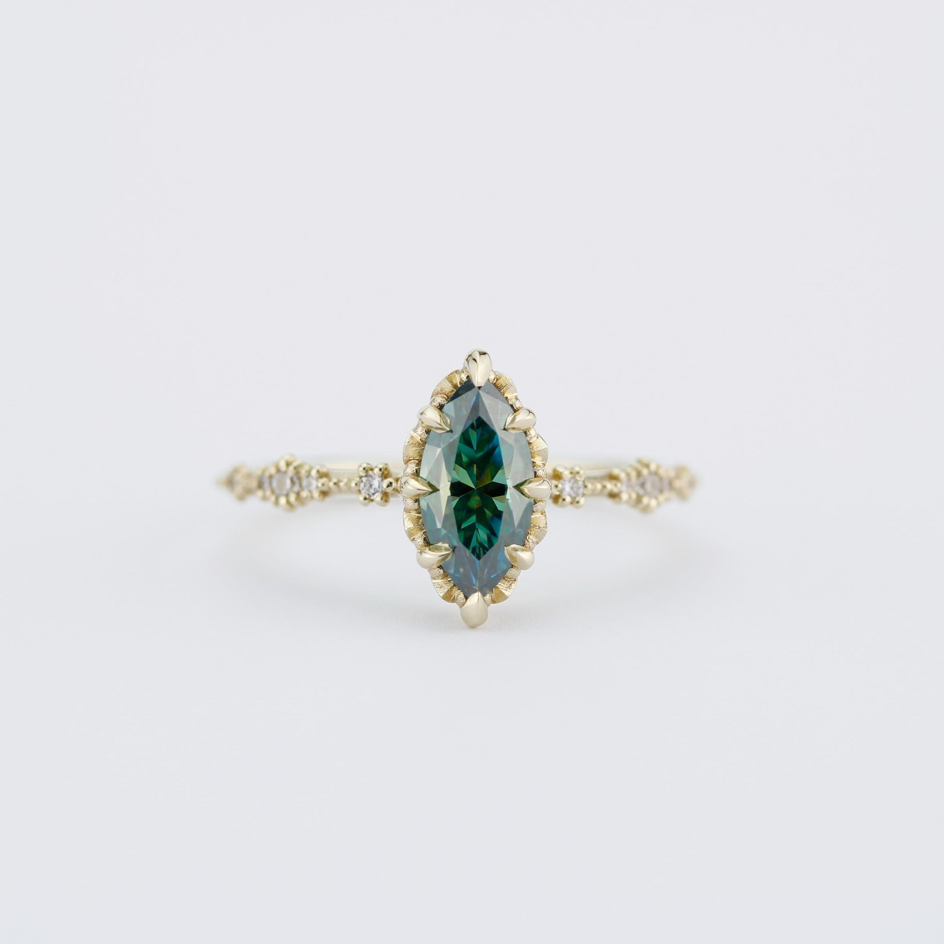 Marquise Cut Teal Green Moissanite Ring with Diamond Accent in 18k Gold
