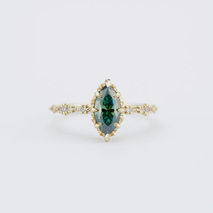 Marquise Cut Teal Green Moissanite Ring with Diamond Accent in 18k Gold
