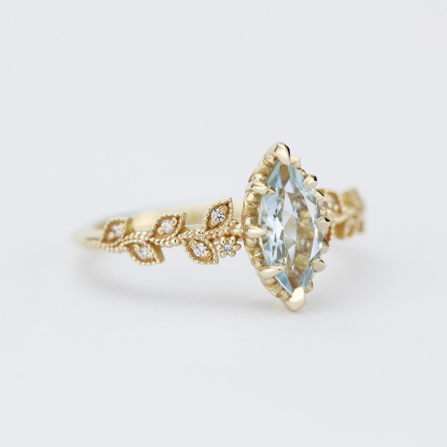 Marquise Aquamarine Ring with Natural Diamonds - Filigree Leaf Design in 18K Gold