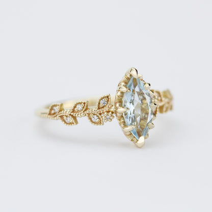 Marquise Aquamarine Ring with Natural Diamonds - Filigree Leaf Design in 18K Gold