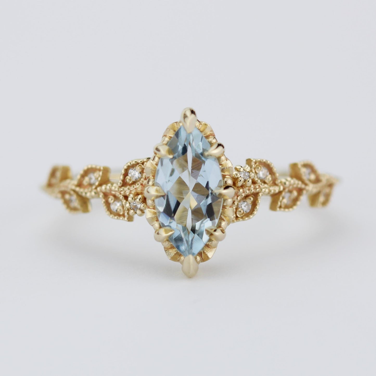 Marquise Aquamarine Ring with Natural Diamonds - Filigree Leaf Design in 18K Gold