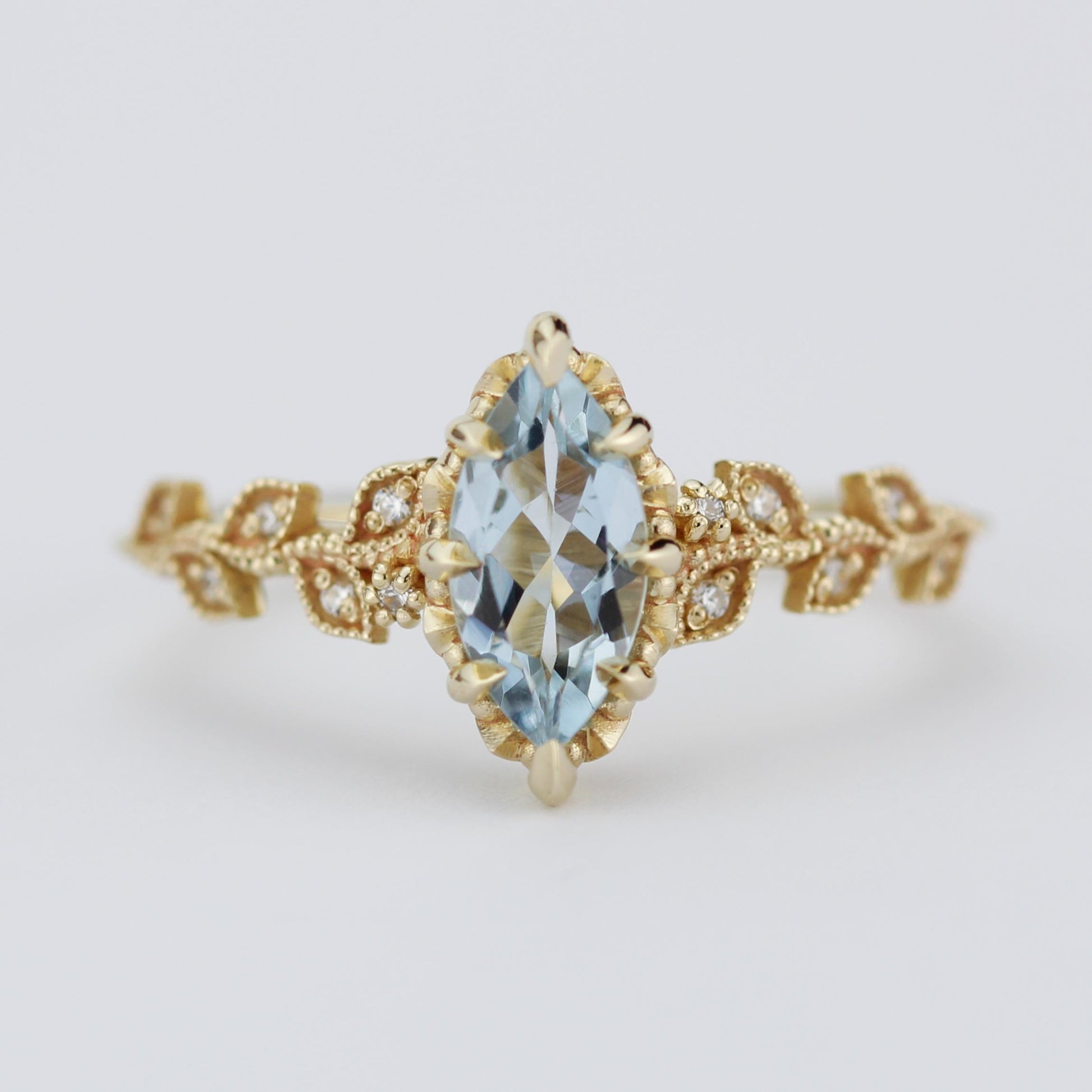 Marquise Aquamarine Ring with Natural Diamonds - Filigree Leaf Design in 18K Gold