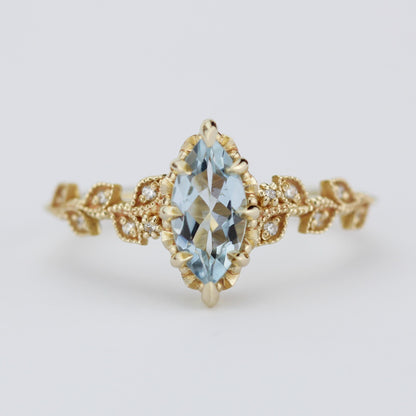 Marquise Aquamarine Ring with Natural Diamonds - Filigree Leaf Design in 18K Gold