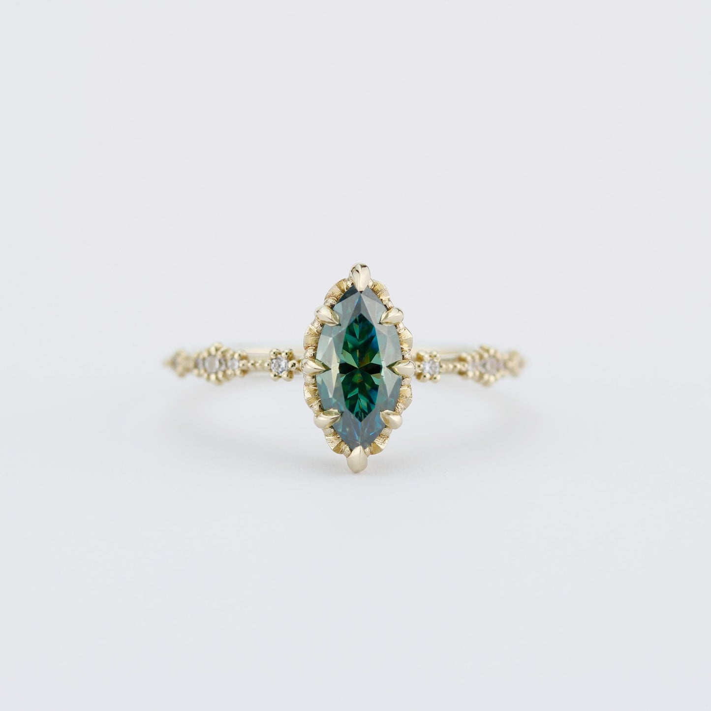 Marquise Cut Teal Green Moissanite Ring with Diamond Accent in 18k Gold