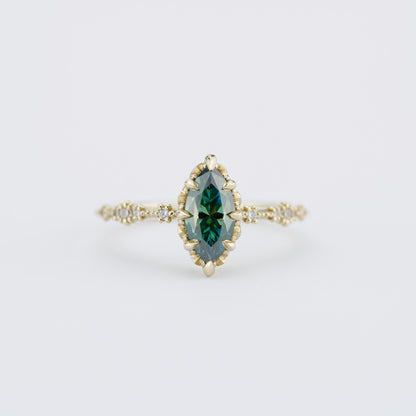 Marquise Cut Teal Green Moissanite Ring with Diamond Accent in 18k Gold